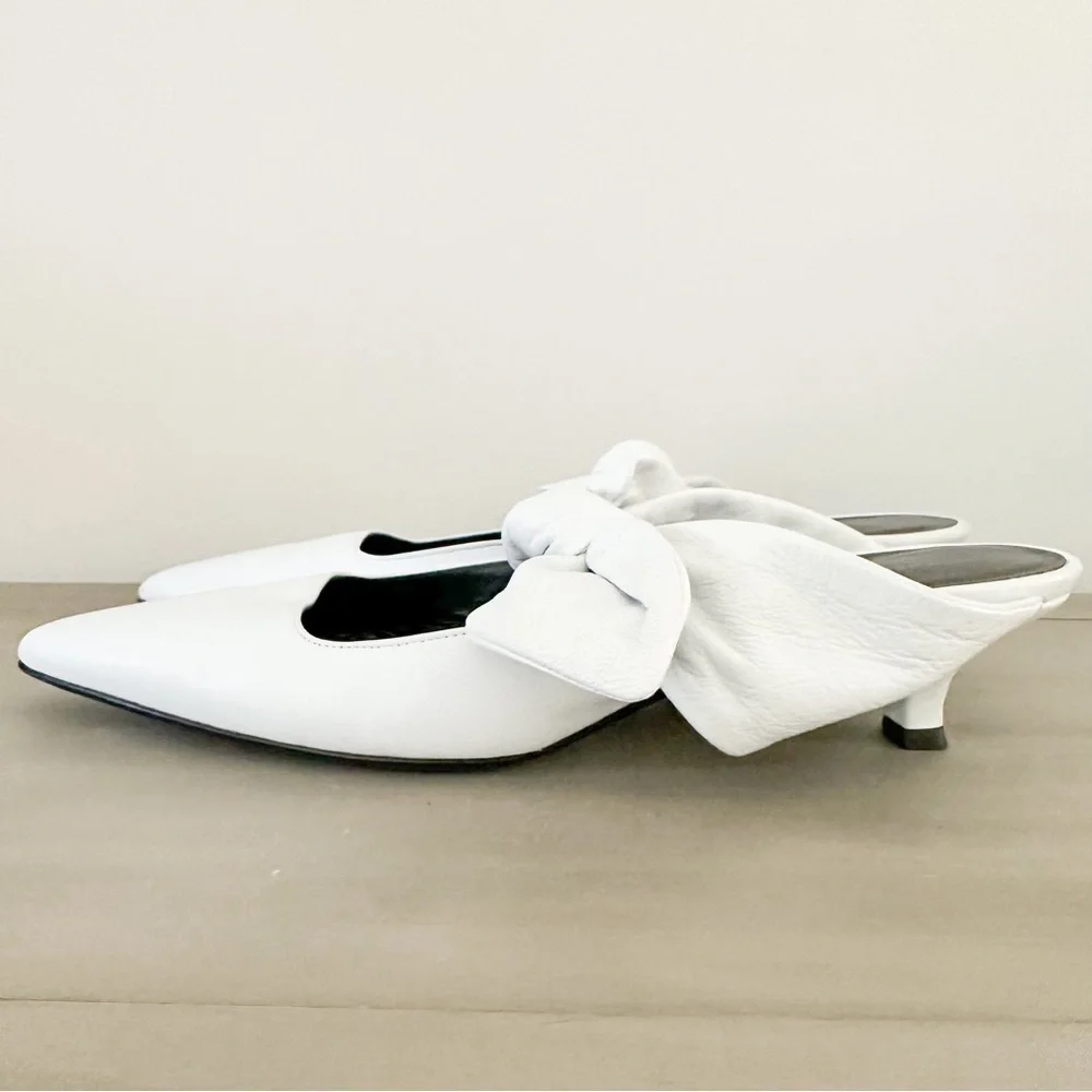 The Row White Leather Coco Bow Kitten Heel Mules sz 40